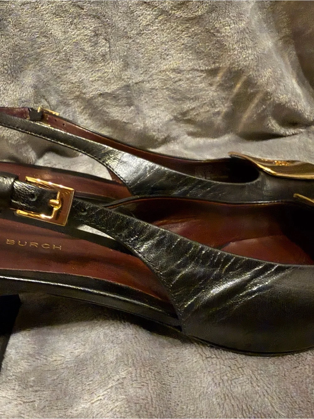 Tory Burch Black Leather Slingback Mules with Gold Plaques